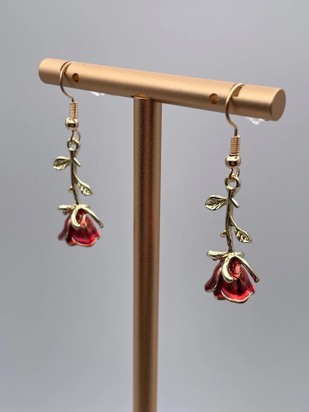 Gold Red Rose Drop Earrings
